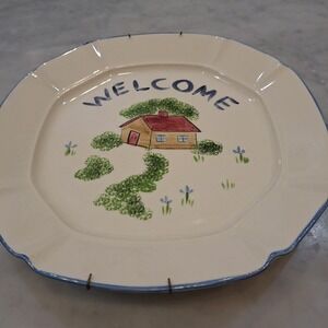 Vintage N.S. Gustin Co. Decor Wall Plate 12" White Welcome Folk Art Cottagecore